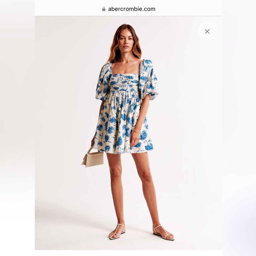 Abercrombie Emerson Poplin puff sleeve mini dress, blue floral, size large